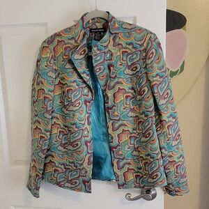 Margaret Frances Sz10 open front taylored Colorfully lined Patterned Blazer